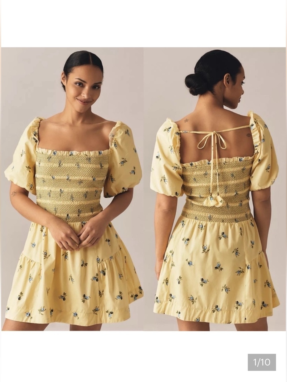 Anthropologie Puff Sleeve Square neck Smocked Mini Dress Large Yellow NWT - Picture 2 of 9